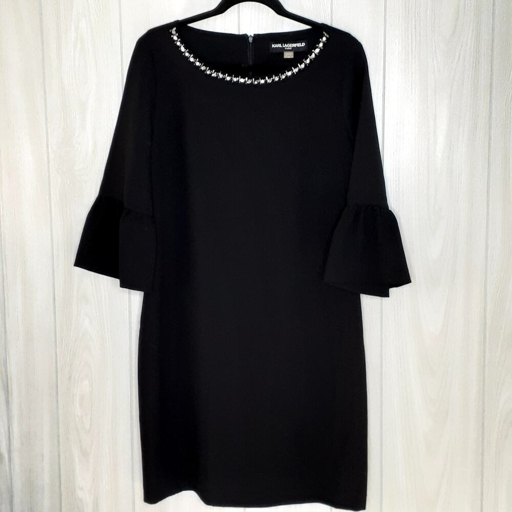 Ladies Karl Lagerfeld Black Knee Length Dress Embellished Collar Size 12